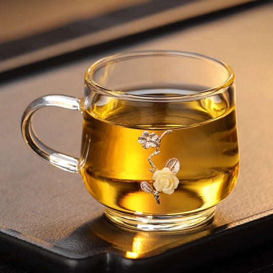 Antique Chinese Handmade Clear Glass Gongfu Tea Cup Silver Yellow Roses With Gift Box