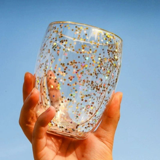 11.8 Fl Oz/350 ML Fancy Double Walled Starry Glass Milk Tea and Coffee Mug