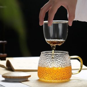 12.8 Fl Oz-13.5 Fl Oz Borosilicate Clear Glass Tea Mug with Glass Infuser and Wooden Lid