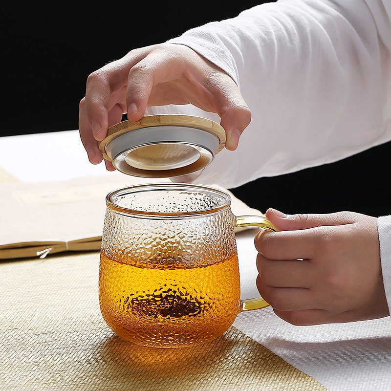 12.8 Fl Oz-13.5 Fl Oz Borosilicate Clear Glass Tea Mug with Glass Infuser and Wooden Lid