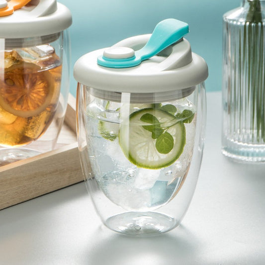12.8 Fl Oz/380 ML Double Wall Clear Glass Tea Milk and Coffee Cups with SIL Lids