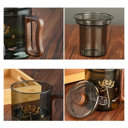 13.5 Fl Oz/400 ML Lotus Grey Clear Glass Cups for Tea with Wooden Handle and Glass Infuser