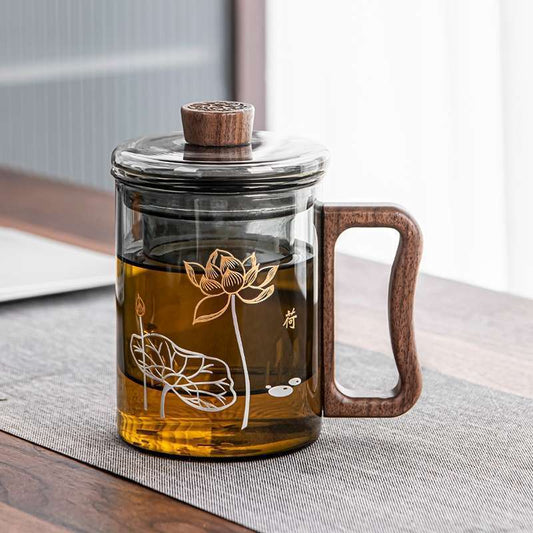 13.5 Fl Oz/400 ML Lotus Grey Clear Glass Cups for Tea with Wooden Handle and Glass Infuser