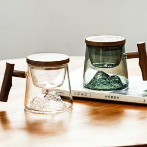 13.5 Fl Oz/400 ML White and Green Clear Glass Tea Cups Tea Mug with Glass Infuser and Wooden Lid