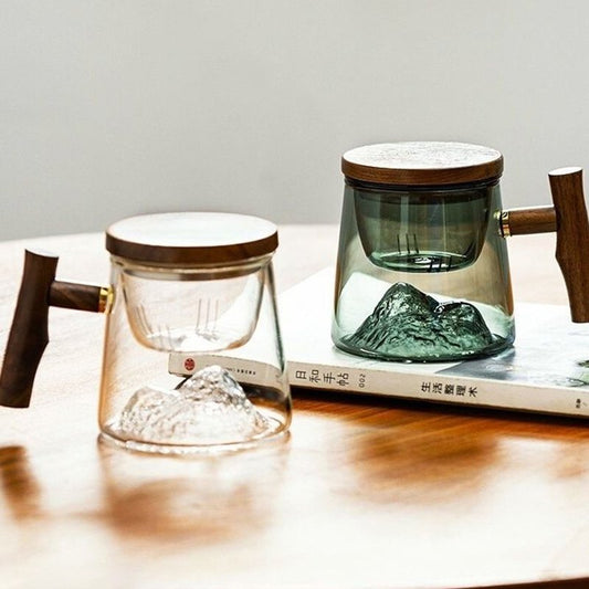 13.5 Fl Oz/400 ML White and Green Clear Glass Tea Cups Tea Mug with Glass Infuser and Wooden Lid