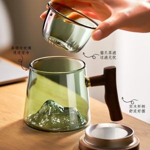13.5 Fl Oz/400 ML White and Green Clear Glass Tea Cups Tea Mug with Glass Infuser and Wooden Lid