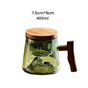 13.5 Fl Oz/400 ML White and Green Clear Glass Tea Cups Tea Mug with Glass Infuser and Wooden Lid