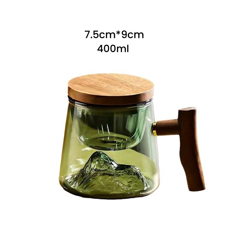 13.5 Fl Oz/400 ML White and Green Clear Glass Tea Cups Tea Mug with Glass Infuser and Wooden Lid