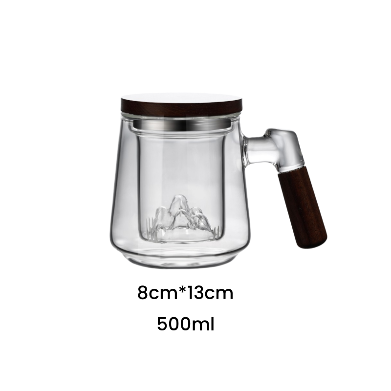 16.9 Fl Oz/500 ML Colorless and Grey Tea Mug Tea Cup with Iceberg Glass Strainer and Wooden Lids