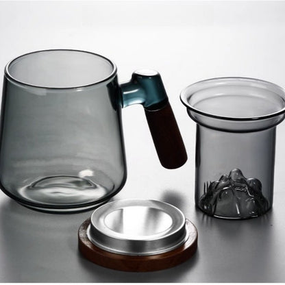 16.9 Fl Oz/500 ML Colorless and Grey Tea Mug Tea Cup with Iceberg Glass Strainer and Wooden Lids