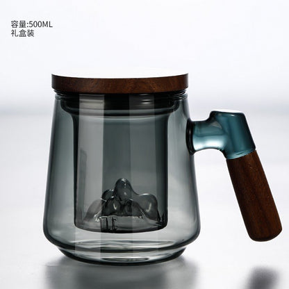 16.9 Fl Oz/500 ML Colorless and Grey Tea Mug Tea Cup with Iceberg Glass Strainer and Wooden Lids
