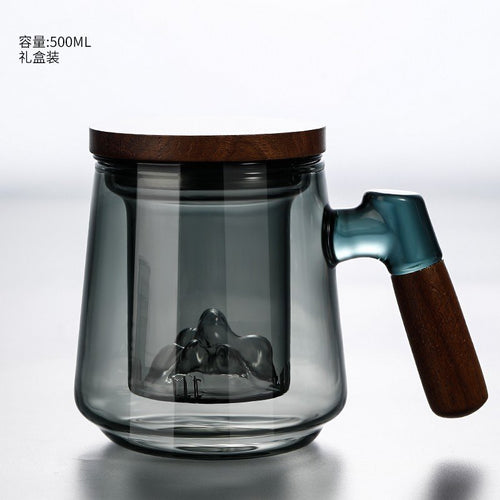 16.9 Fl Oz/500 ML Colorless and Grey Tea Mug Tea Cup with Iceberg Glass Strainer and Wooden Lids