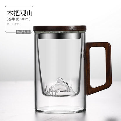 16.9 Fl Oz/500 ML Simple Glass Tea Cup Tea Mug with Glass Infuser and D Shaped Wooden Handle