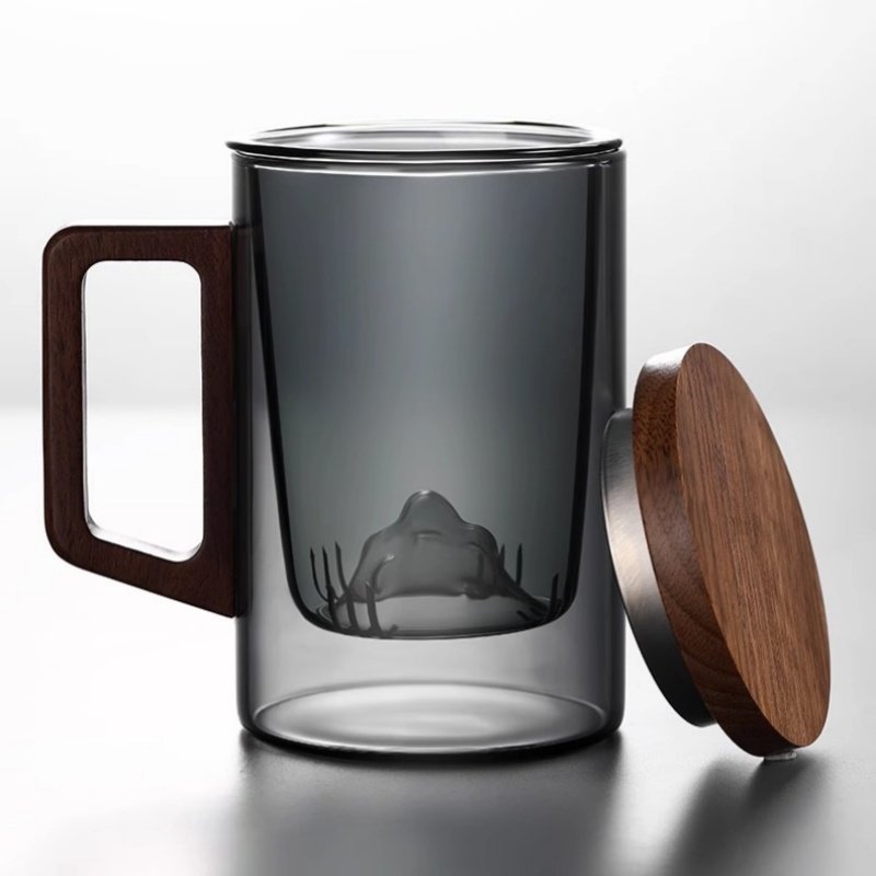 16.9 Fl Oz/500 ML Simple Glass Tea Cup Tea Mug with Glass Infuser and D Shaped Wooden Handle