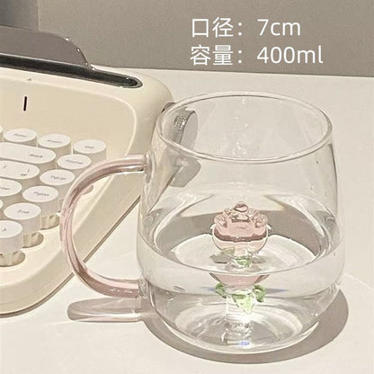 Clear Class Pink Rose Cup Of Tea With Unique Stereoscopic Desert Rose Flower Mug