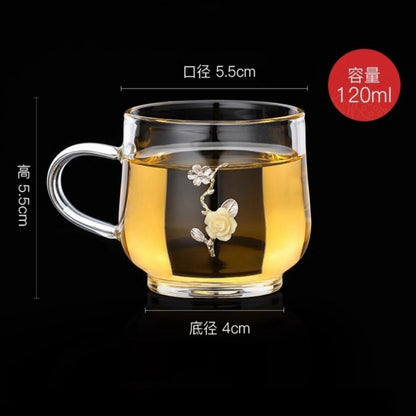 Antique Chinese Handmade Clear Glass Gongfu Tea Cup Silver Yellow Roses With Gift Box