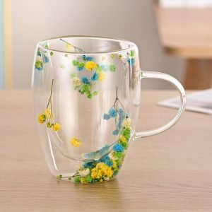 6.8 Fl Oz-10.1 Fl Oz Double Wall Creative Dry Flower Glass Tea Mug for Milk Tea and Coffee