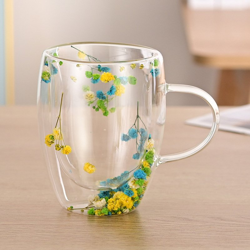 6.8 Fl Oz-10.1 Fl Oz Double Wall Creative Dry Flower Glass Tea Mug for Milk Tea and Coffee