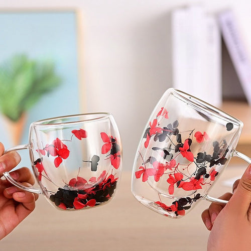 6.8 Fl Oz-10.1 Fl Oz Double Wall Creative Dry Flower Glass Tea Mug for Milk Tea and Coffee