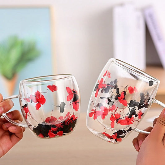 6.8 Fl Oz-10.1 Fl Oz Double Wall Creative Dry Flower Glass Tea Mug for Milk Tea and Coffee