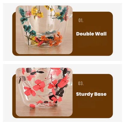 6.8 Fl Oz-10.1 Fl Oz Double Wall Creative Dry Flower Glass Tea Mug for Milk Tea and Coffee