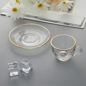 3 Fl Oz/90 ML Small Golden Rim Clear Crystal Glass Tea Cup with Saucer of 2