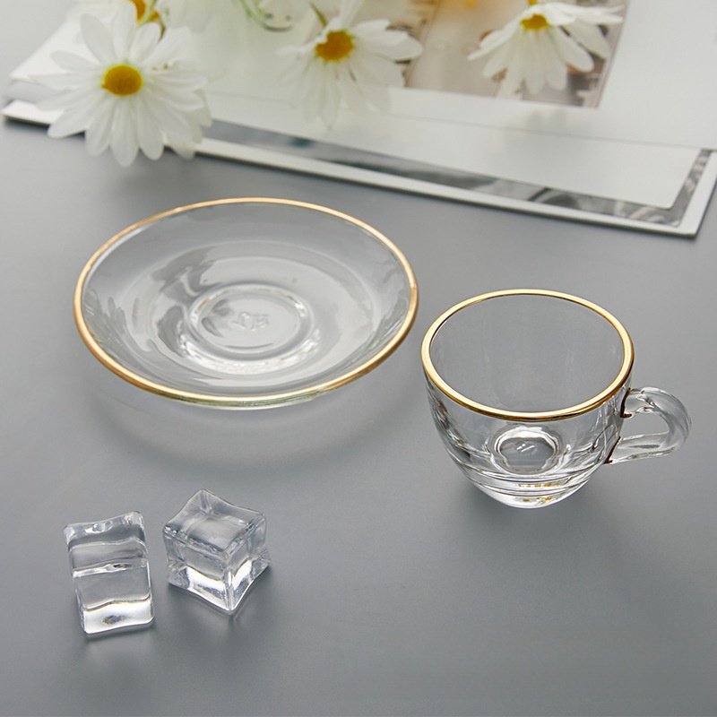 3 Fl Oz/90 ML Small Golden Rim Clear Crystal Glass Tea Cup with Saucer of 2
