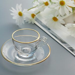 3 Fl Oz/90 ML Small Golden Rim Clear Crystal Glass Tea Cup with Saucer of 2