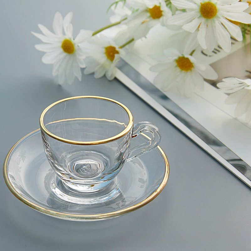 3 Fl Oz/90 ML Small Golden Rim Clear Crystal Glass Tea Cup with Saucer of 2