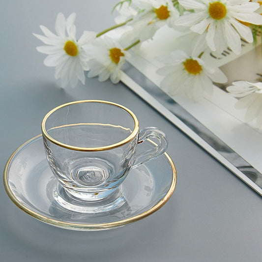 3 Fl Oz/90 ML Small Golden Rim Clear Crystal Glass Tea Cup with Saucer of 2