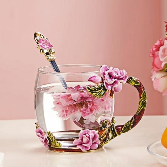 English Colour Enamels Old Country Pink Rose Clear Glass Tea Cup Set With Rose Bush Saucers
