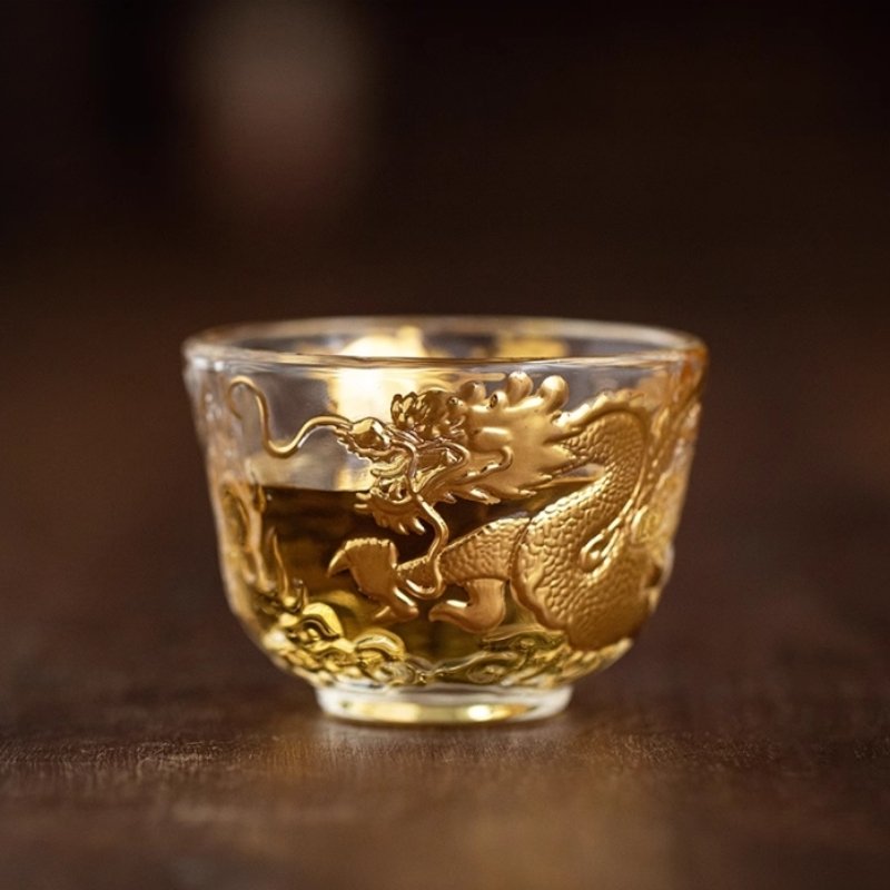 Gilding Year Of The Dragon Clear Glass Heat-Resisting Master Tea Cup Gold Dragon Figurine