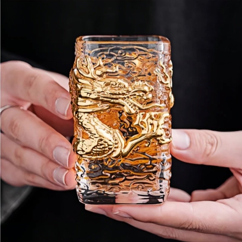 Chinese Creative Coloured Glaze Crysal Gilding Year Of The Dragon Glass Tea Cup With Golden Dragon Auspicious Clouds Figurines
