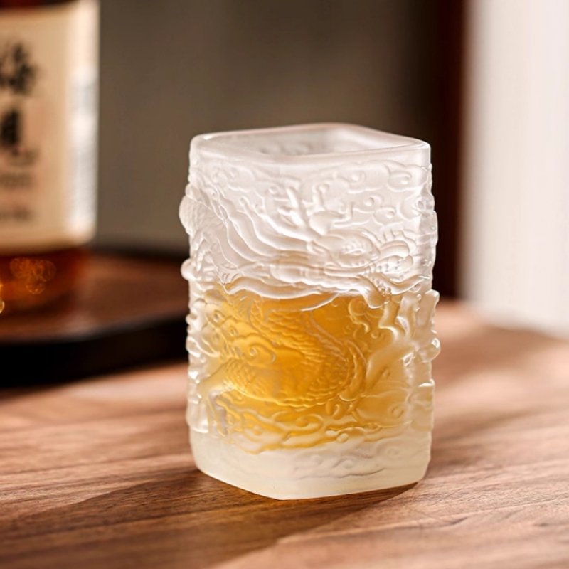 Vintage Square Heat-Resisting Clear Glass Master Tea Cup Creative Relief  Dragon Figurine
