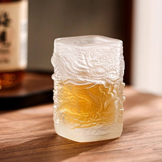 Vintage Square Heat-Resisting Clear Glass Master Tea Cup Creative Relief  Dragon Figurine