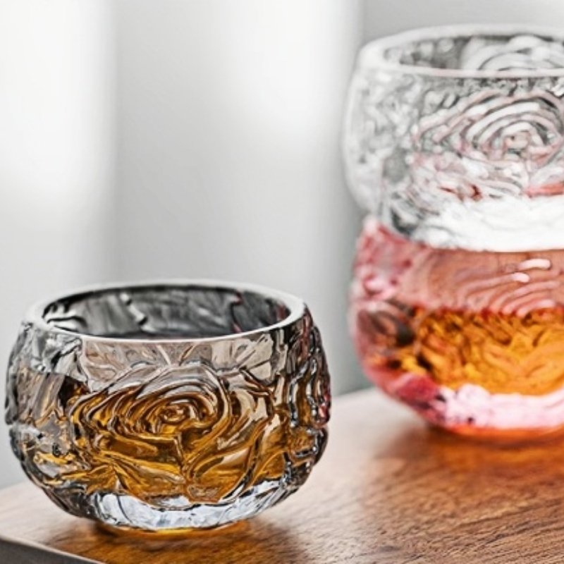 Vintage Relief Grey And Pink Rose Crystal Glass Master Gongfu Tea Cups Of Fortune For Sale
