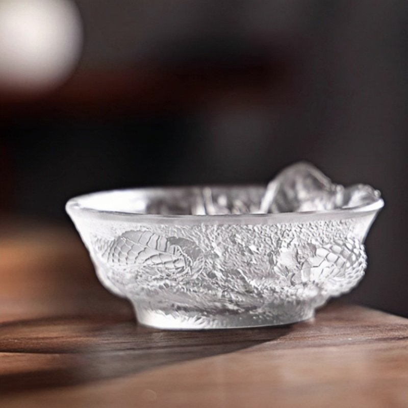 Japanese Crystal Clear Glass Creative Year Of The Dragon Tea Cups With Exquisite Coiled Dragon Figurine