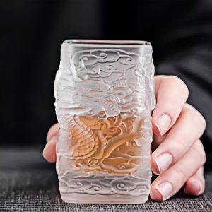 Chinese Creative Coloured Glaze Crysal Gilding Year Of The Dragon Glass Tea Cup With Golden Dragon Auspicious Clouds Figurines