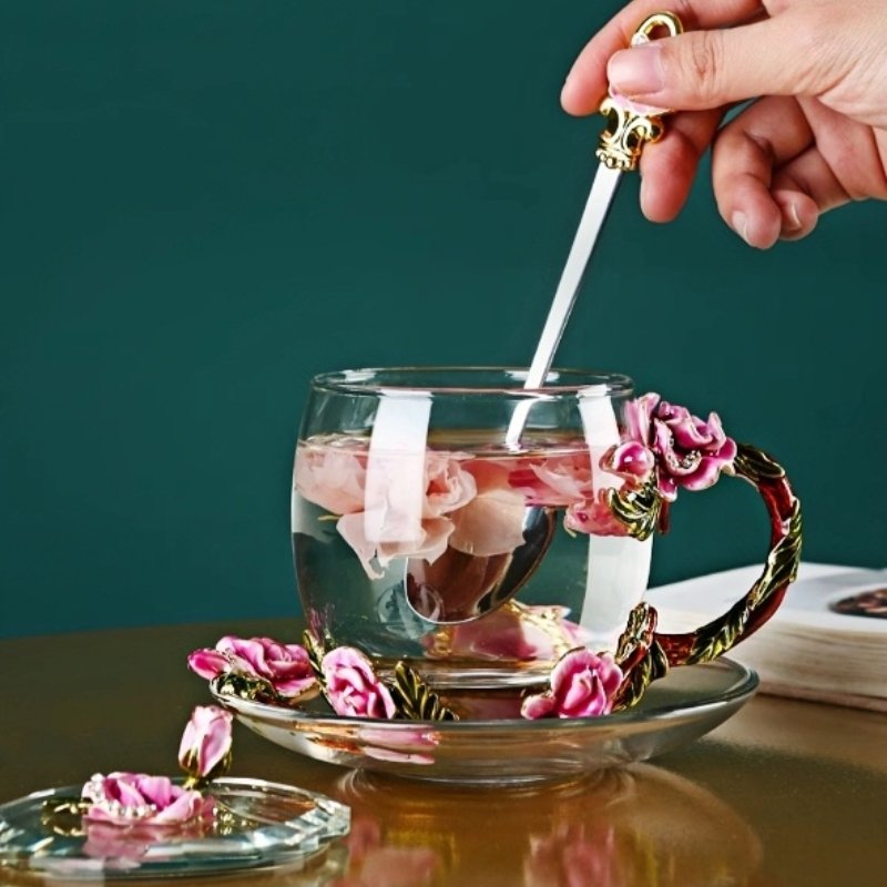 English Colour Enamels Old Country Pink Rose Clear Glass Tea Cup Set With Rose Bush Saucers