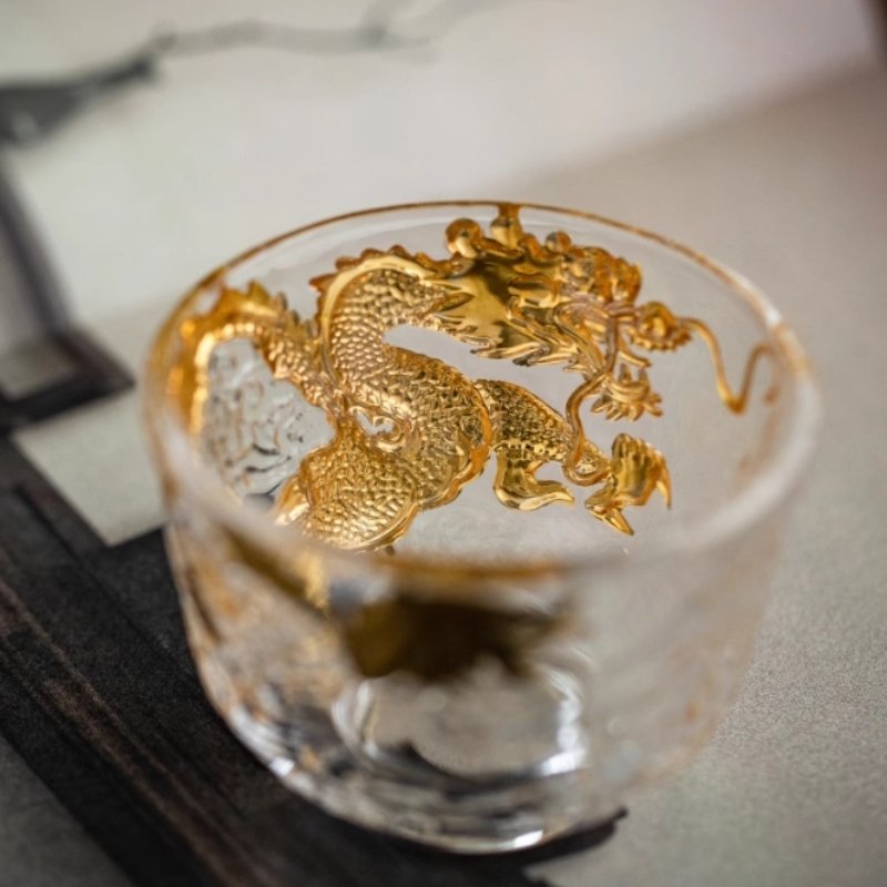 Gilding Year Of The Dragon Clear Glass Heat-Resisting Master Tea Cup Gold Dragon Figurine