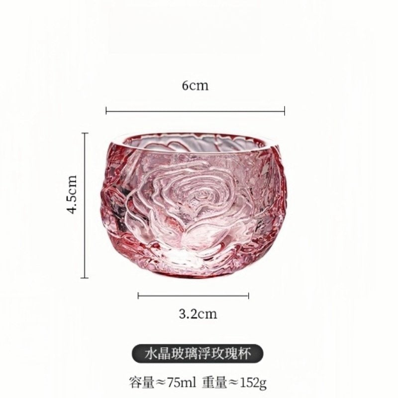 Vintage Relief Grey And Pink Rose Crystal Glass Master Gongfu Tea Cups Of Fortune For Sale