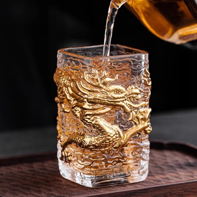 Chinese Creative Coloured Glaze Crysal Gilding Year Of The Dragon Glass Tea Cup With Golden Dragon Auspicious Clouds Figurines